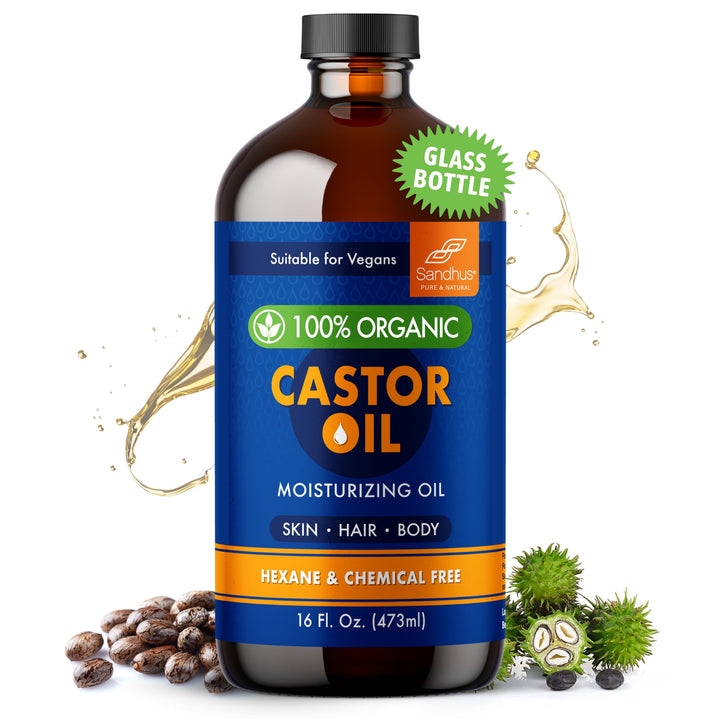 100% Organic Castor Oil 16 fl. Oz | Premium Glass Bottle Pack | Pure & Unrefined | Natural Moisturizing Oil for All Hair & Skin Types, Face, Eyelashes Growth, Eyebrows and Body Care | Now Hexane Free