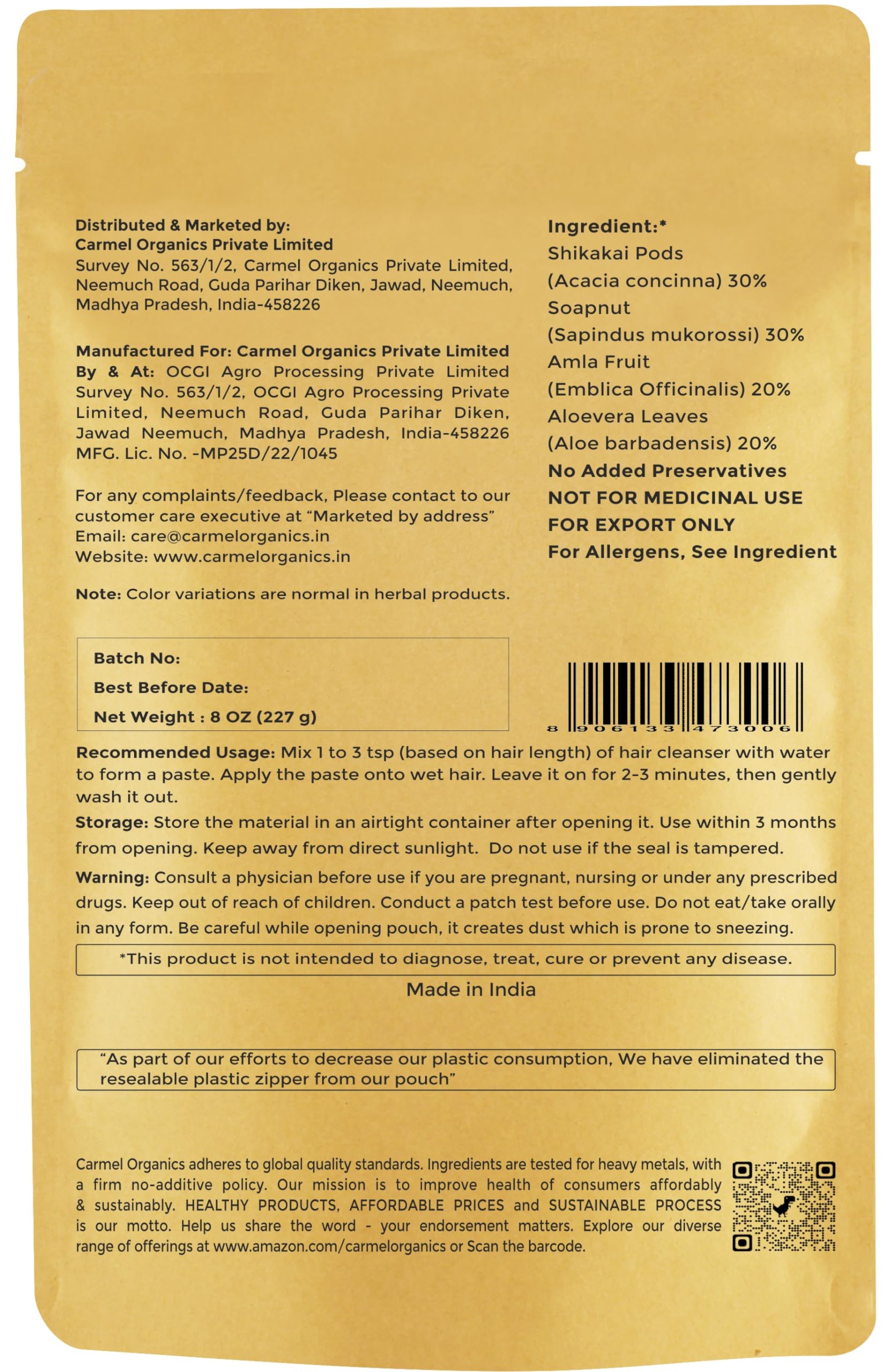 CARMEL ORGANICS Herbal Hair Cleanser (8 Ounce), Unique Blend Of Soapnut,Shikakai,Amla & Aloevera Powder, 100% Natural, No Artificial Fragrance and Chemical free, No Added Preservatives