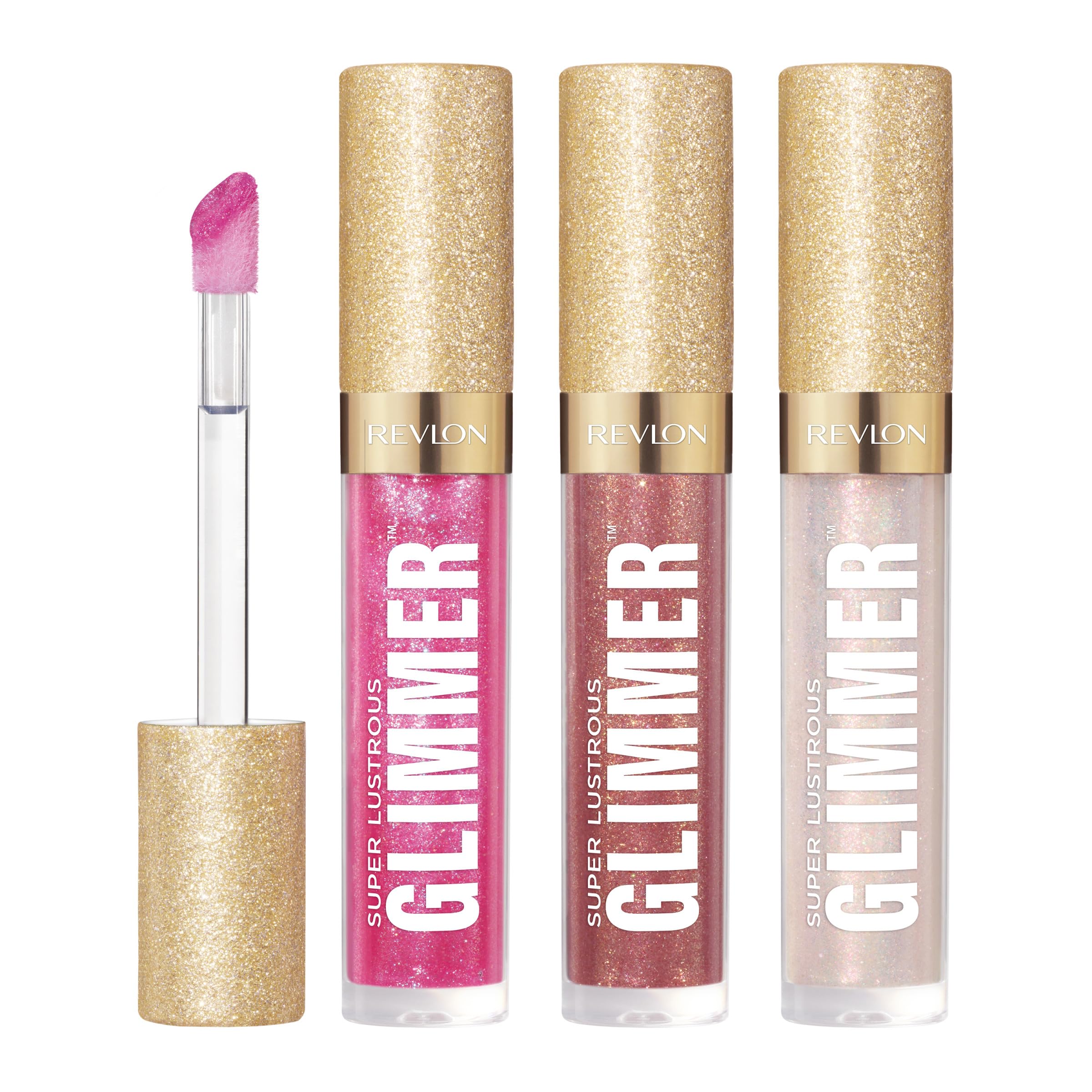 REVLON Super Lustrous Glimmer Gloss Gift Set, 3-Piece, Non-Sticky Lip Makeup, Plant-Based Glitter, High-Shine Finish, 008 Rose Glow, 005 Glazed Almond 001 Diamond Drama