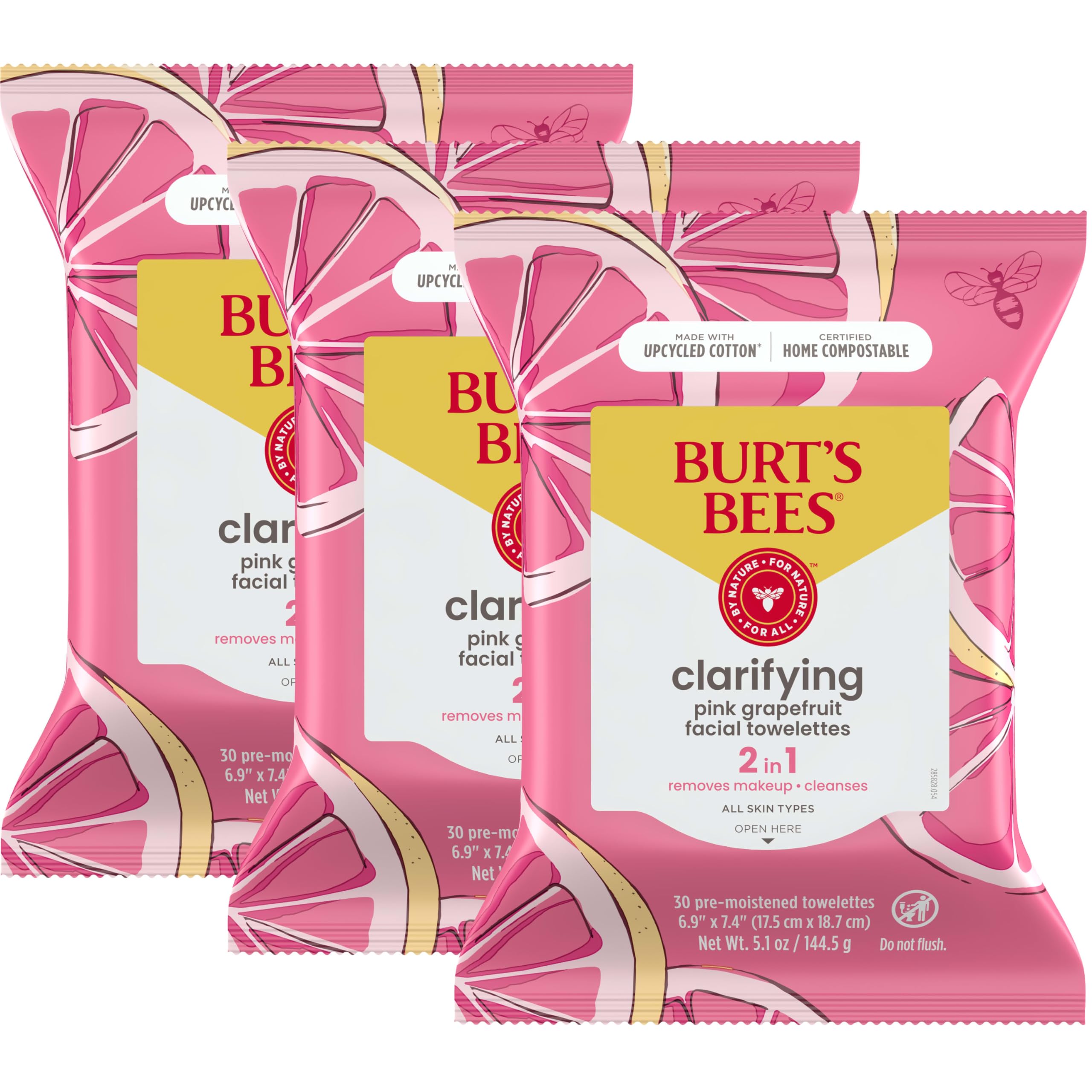 Burt's Bees Sensitive Facial Cleansing Towelettes with Pink Grapefruit - 30 Count (Pack of 3)