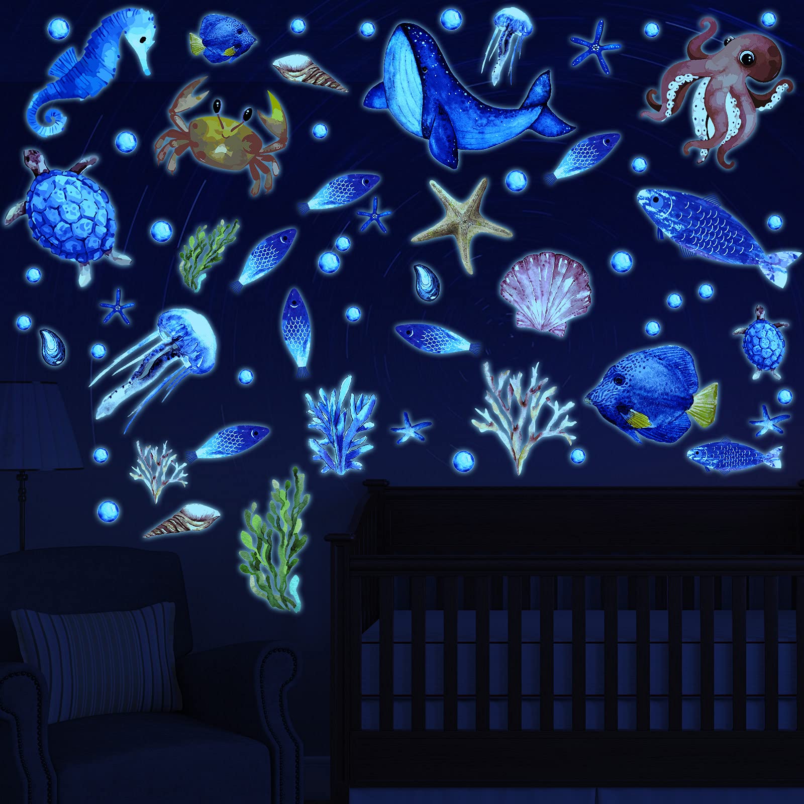Zonon 97 Pcs Glow in The Dark Ocean Stickers Ocean Fish Wall Decals Under The Sea Wall Decals Removable Sticker Fluorescent Starfish Shell Waterproof Peel and Stick for Kids Bedroom Decor