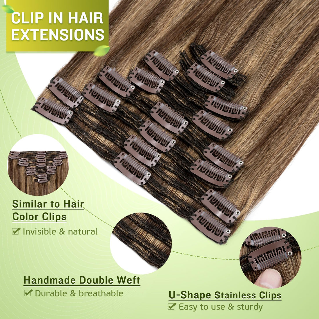 Double Weft 100% Remy Human Hair Clip in Extensions Highlight 14'-22' Grade 7A Quality Full Head Thick Long Soft Silky Straight 8pcs 18clips (16 / 16 inch 130g ,#4/27 Medium brown / Dark Blonde)
