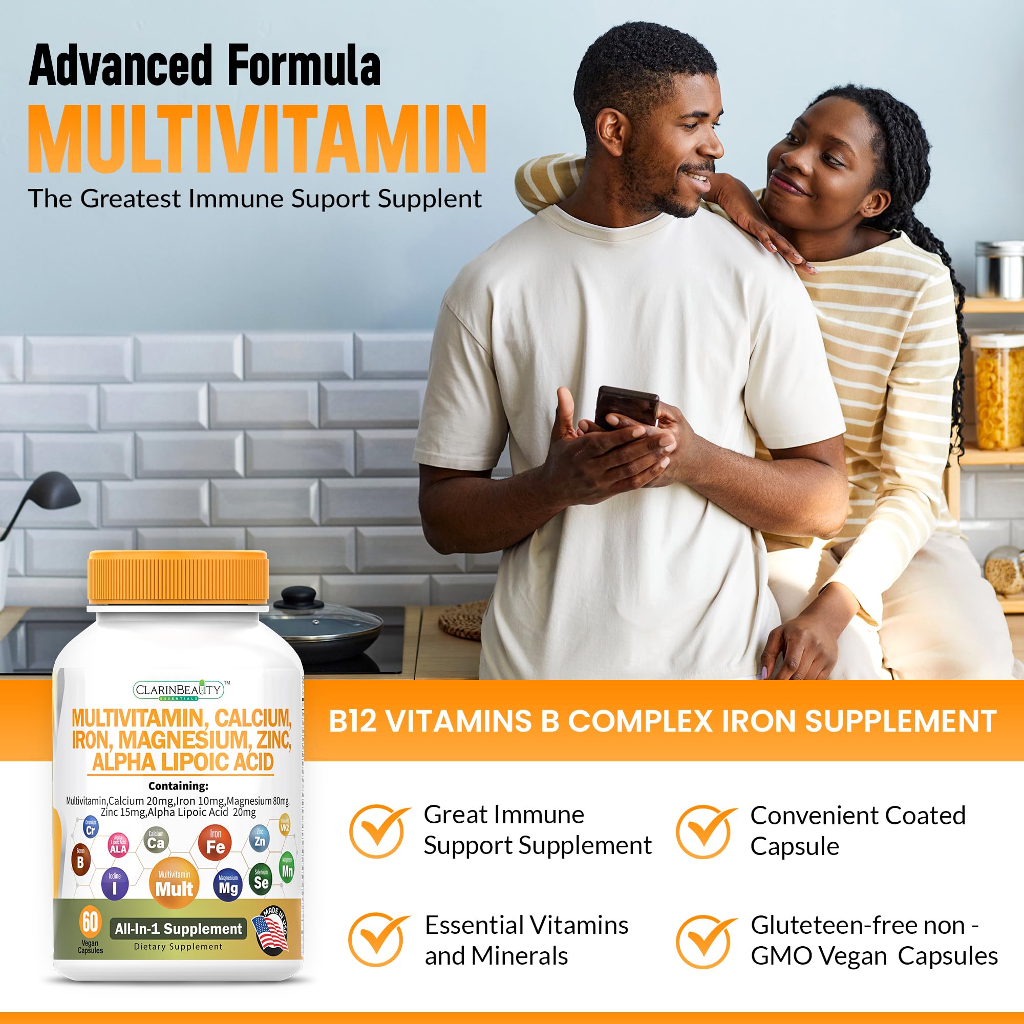 Advanced Multivitamin, Calsium, Iron, Magnesium, Zinc, with Vitamins A, C, D, C, B-12, K-2 & More for Heart Health, Energy, Metabolism, Muscle, Immune, Skin, Bone, & Eye Support