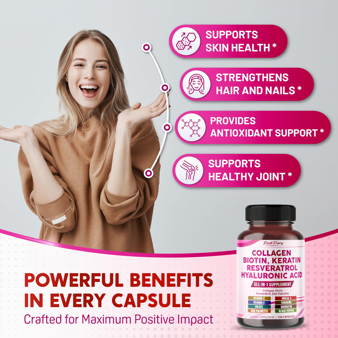 PEAKPURY Collagen Biotin Resveratrol Saw Palmetto - Skin, Joint Health Support - Made in USA