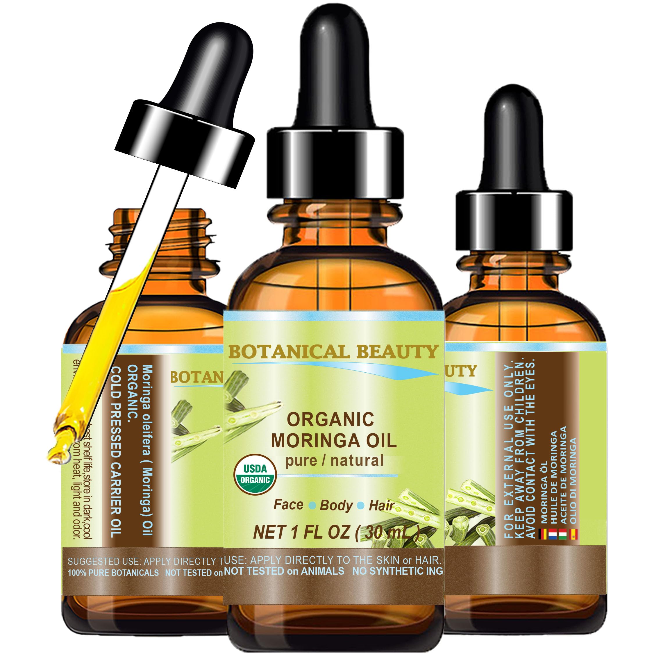 Botanical Beauty Organic Moringa Oil 100% Pure Natural Undiluted 1 Fl.oz.- 30 ml. for Face Skin, Hair, Lips, Body, Nails Rich in Vitamin C, Vitamin E