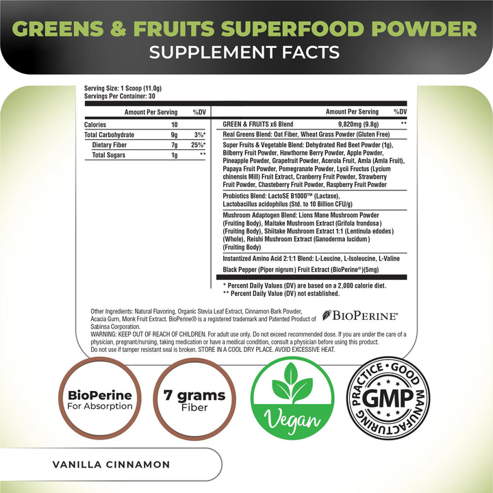 Nutrology Greens & Fruits Powder-Naturally Sourced Superfood, Beet Powder, Mushroom Blend, Probiotics, Digestive Enzymes, Fiber, Antioxidants, Immune Support, Gluten Free - Vanilla Cinnamon
