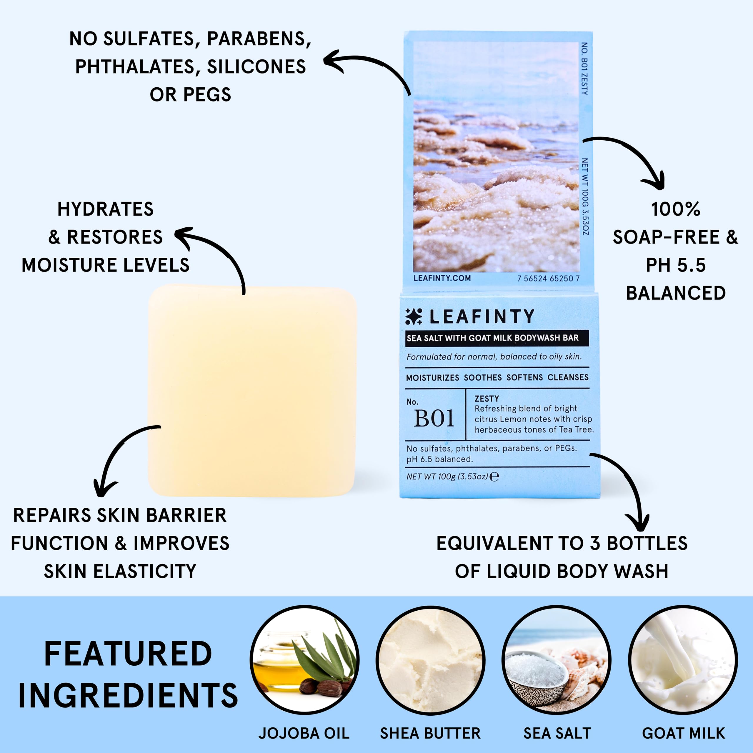 Leafinty Sea Salt with Goat Milk Bodywash Bar Soap for normal, Balanced to Oily Skin Made with Natural Ingredients, Sustainable, Plastic Free,100g (Pack of 1, up to 75 uses)
