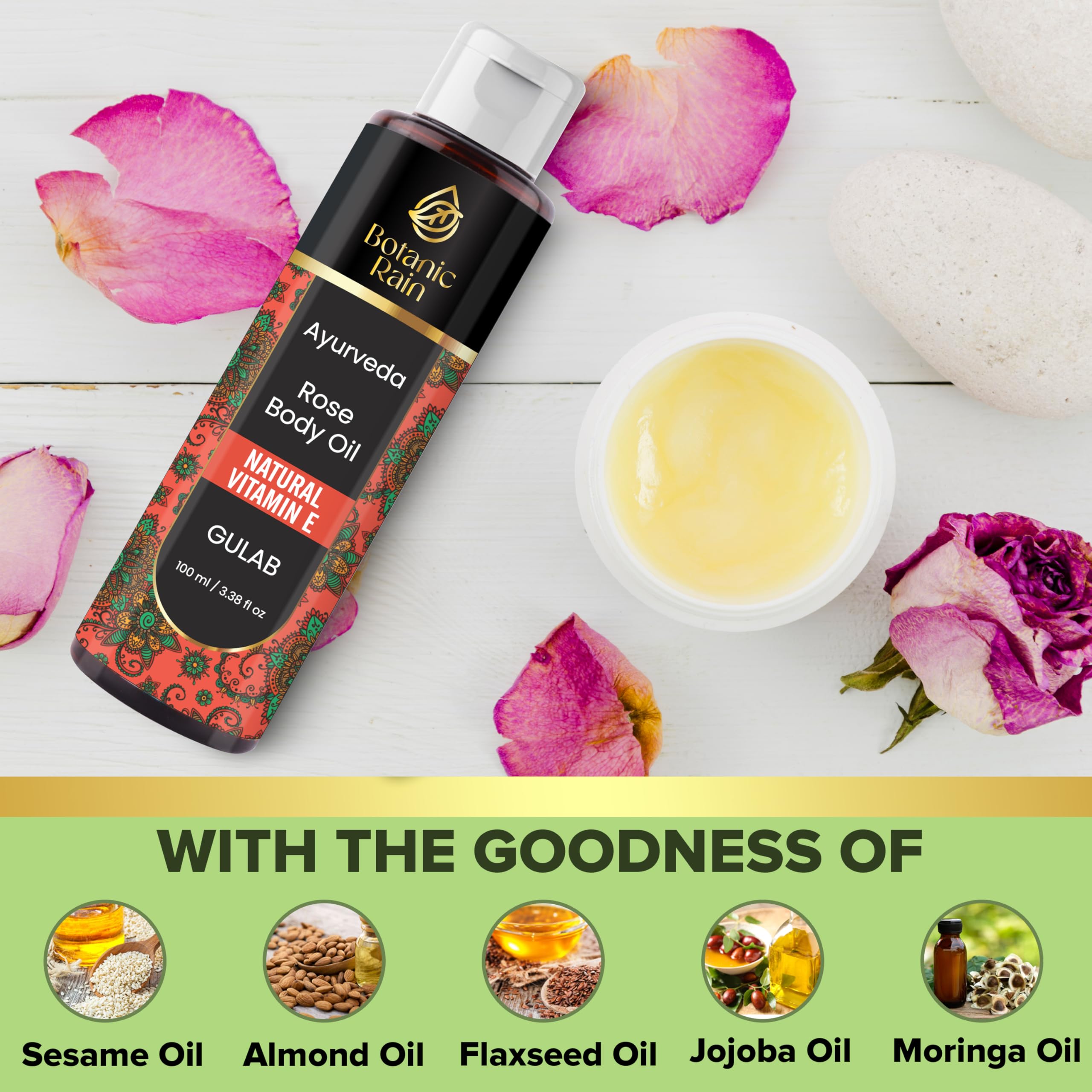 Botanic Rain Ayurveda Rose Body Oil, Moisturizing & Hydrating Organic Vitamin E Oil, Body Oils For Women After Shower, Ayurveda Products For Crepey Skin Repair - 3.38 Fl Oz