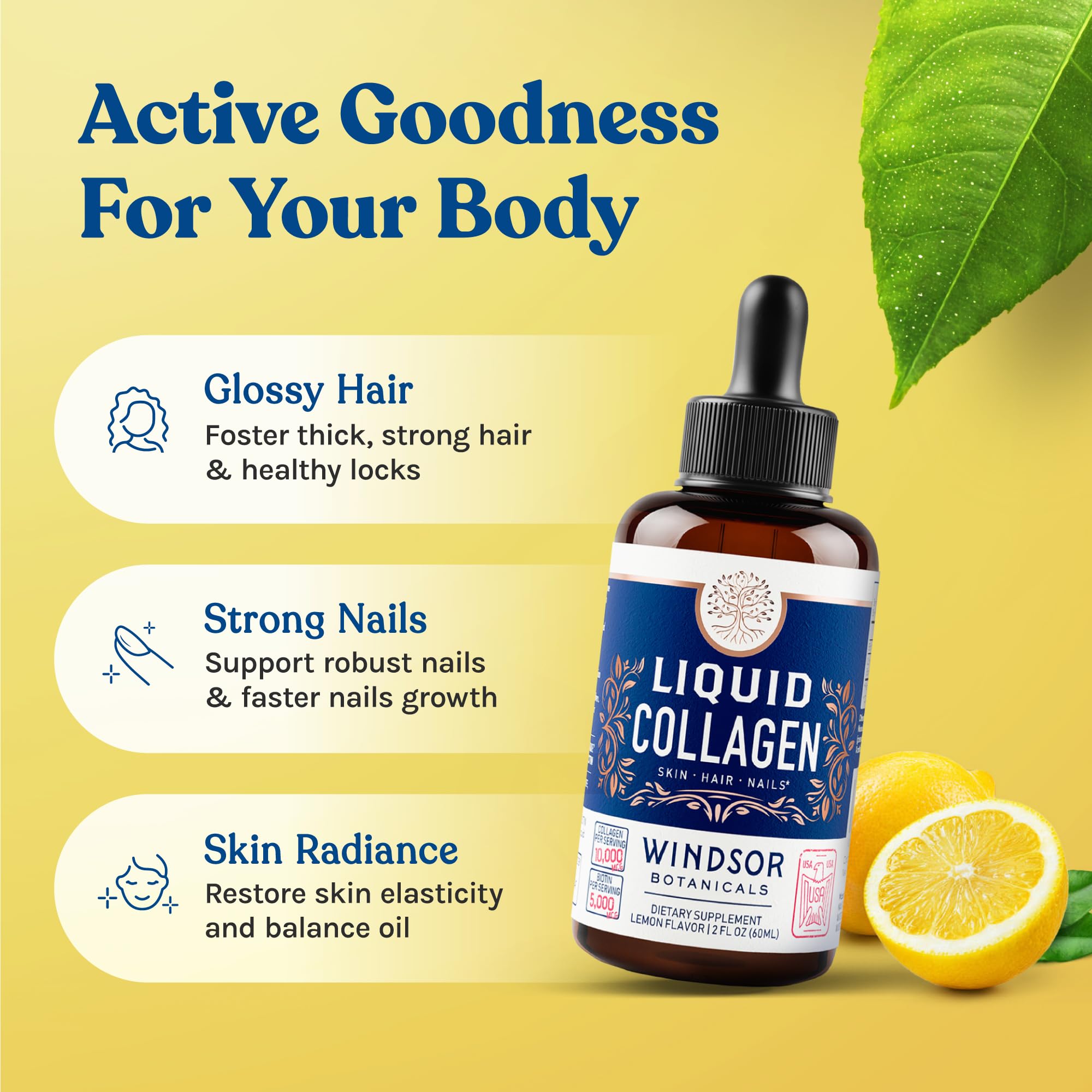 Concentrated Liquid Collagen Peptides Supplement - Hair, Skin, Nail, Joints Support - Sublingual Drops by WINDSOR BOTANICALS - 10,000mcg Collagen, 5,000mcg Biotin - Lemon Flavor - 2-Month - 2 oz