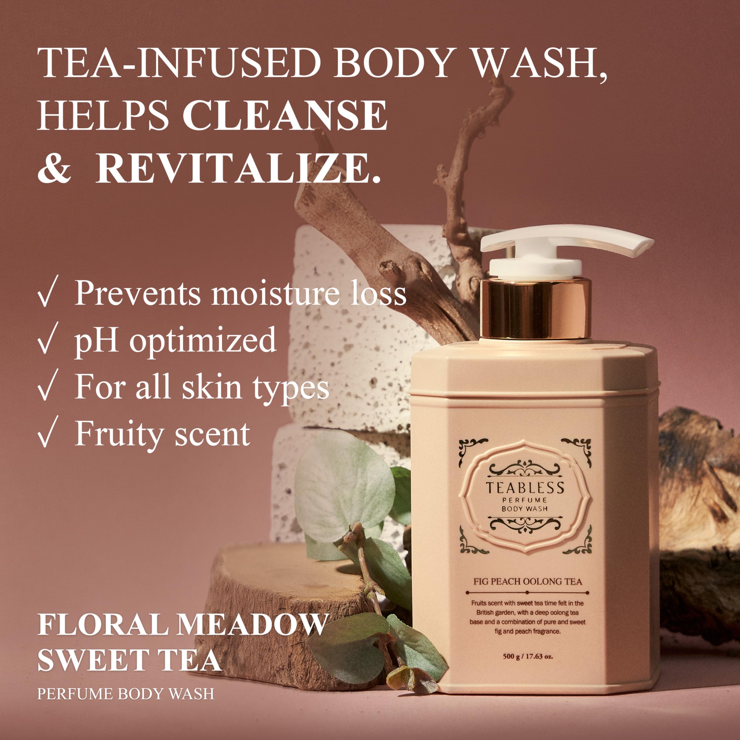 Perfumed Body Wash, Fig Peach Oolong Tea (17.63oz/500ml) - Hydrating Body Cleanser for Sensitive Skin - Korean Skin Care - Gentle, Moisturizing, Non-Sticky, Fig Fruity Scent - Mild Scrub
