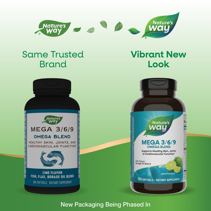 Nature’s Way Mega 3/6/9 Omega Blend, Supports Healthy Skin, Joints, Cardiovascular Function*, Fish, Flax, Borage Oil, 180 Lime Flavored Softgels (Packaging May Vary)