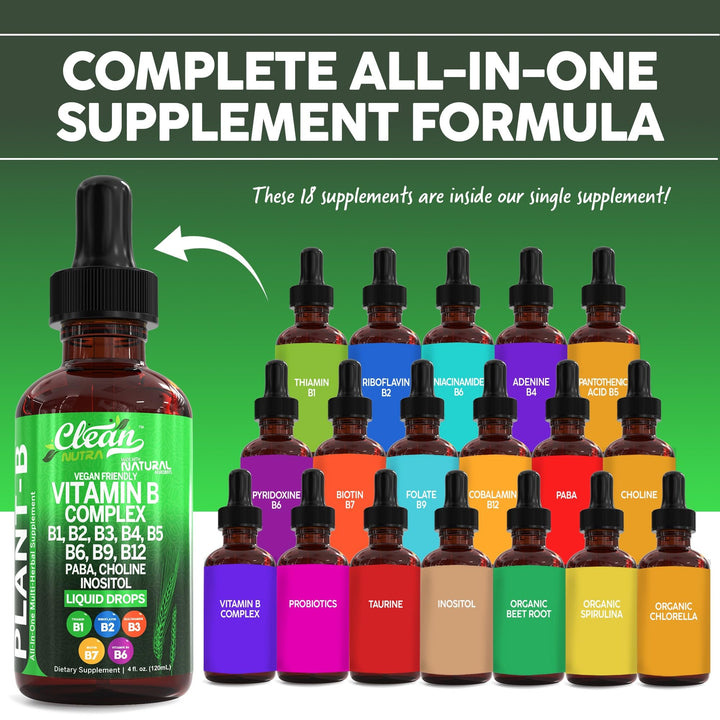 Vitamin B Complex Liquid Drops | Thiamine B1, B6, B2, B3, B4, B5, B7 B9, B12, Niacinamide, Paba, Choline Inositol Taurine Probiotics Beet Root Spirulina - Plant-B Vitamin Supplements by Clean Nutra