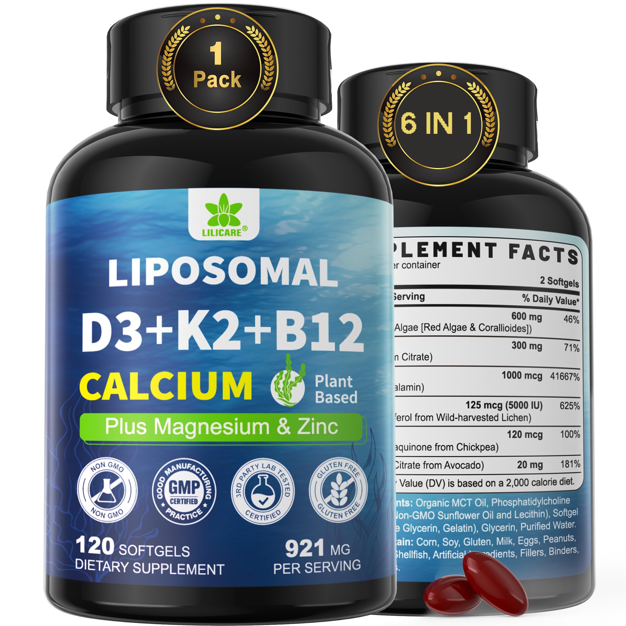 LILICARE 6-in-1 Liposomal Vitamin D3 K2 Calcium Supplement - Plant Based Calcium 600mg with Vegan Vitamin D 5000 IU + Vitamin K2 MK7 + B12, Algae Magnesium Zinc for Bone, Max Absorption - Pack of 1