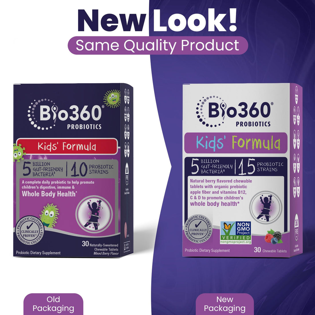 Bio360 Probiotics for Kids - 15 Strains & 5 Billion CFU Supports Brain, Immune & Digestive Health - Kids Probiotic Chewable with Organic Prebiotics for Gut & Constipation, Mixed Berry Flavor, 30 Count