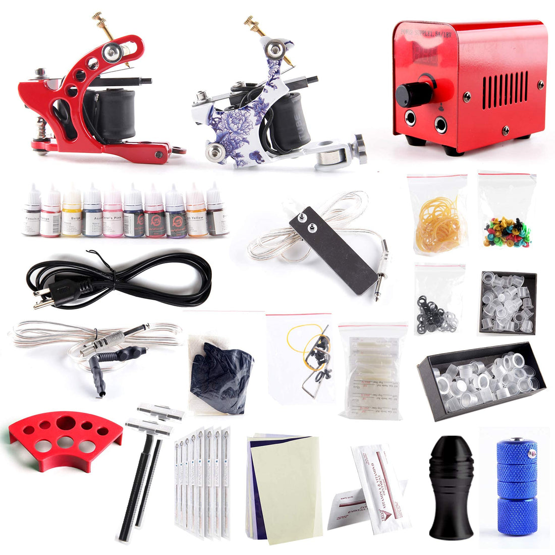 1TattooWorld Red Series Tattoo Kit 2 Tattoo Machines, Digital Power Supply, 10 Color 5ml Tattoo inks, Grips, Needles, Transfer Paper