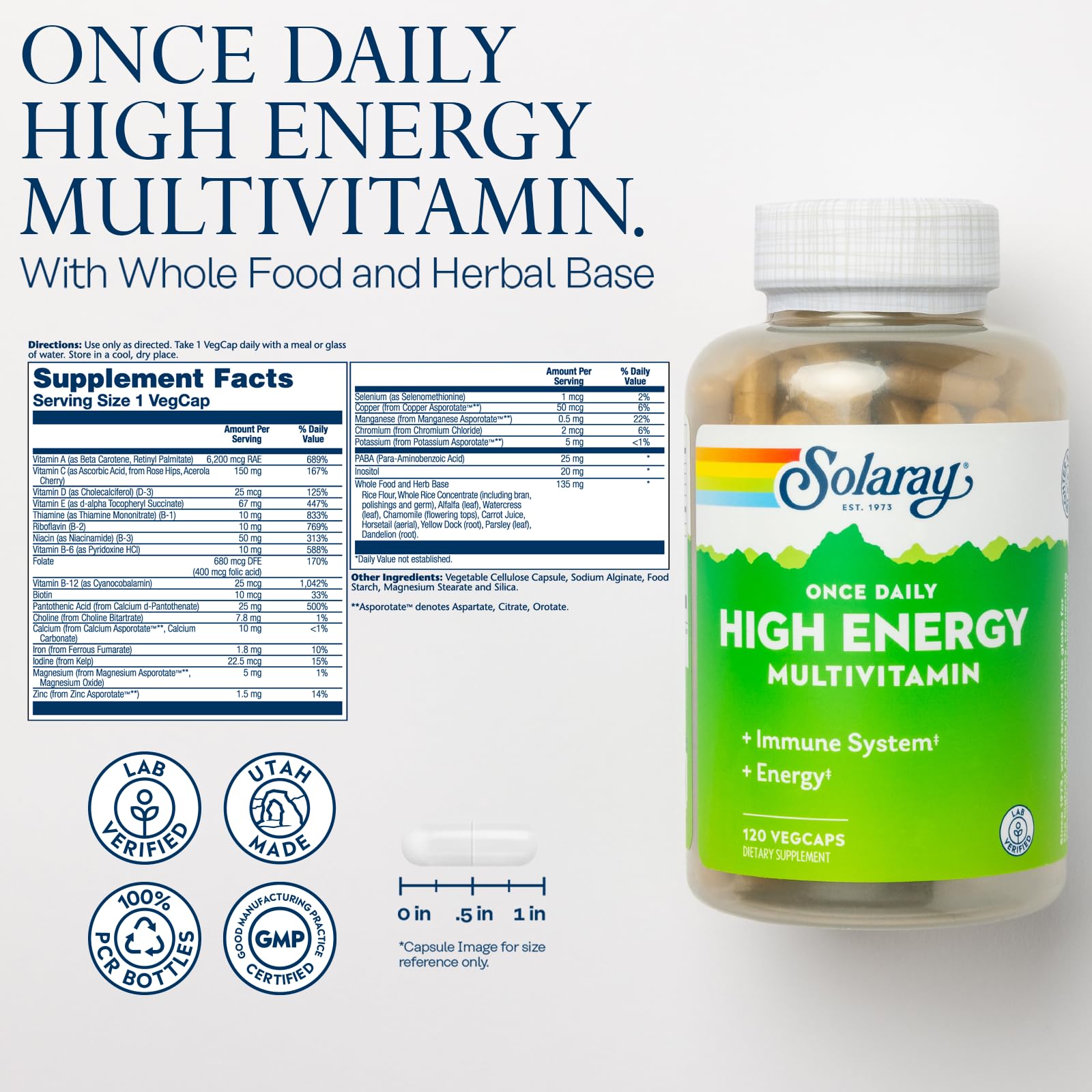 SOLARAY Once Daily High Energy Multivitamin for Women and Men - Energy Supplements - Immune Support w/Vitamin C, A, D and E, Vitamin B Complex, Trace Minerals, 60-Day Guarantee, 120 Serv, 120 VegCaps
