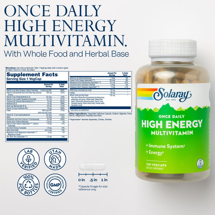 SOLARAY Once Daily High Energy Multivitamin for Women and Men - Energy Supplements - Immune Support w/Vitamin C, A, D and E, Vitamin B Complex, Trace Minerals, 60-Day Guarantee, 120 Serv, 120 VegCaps