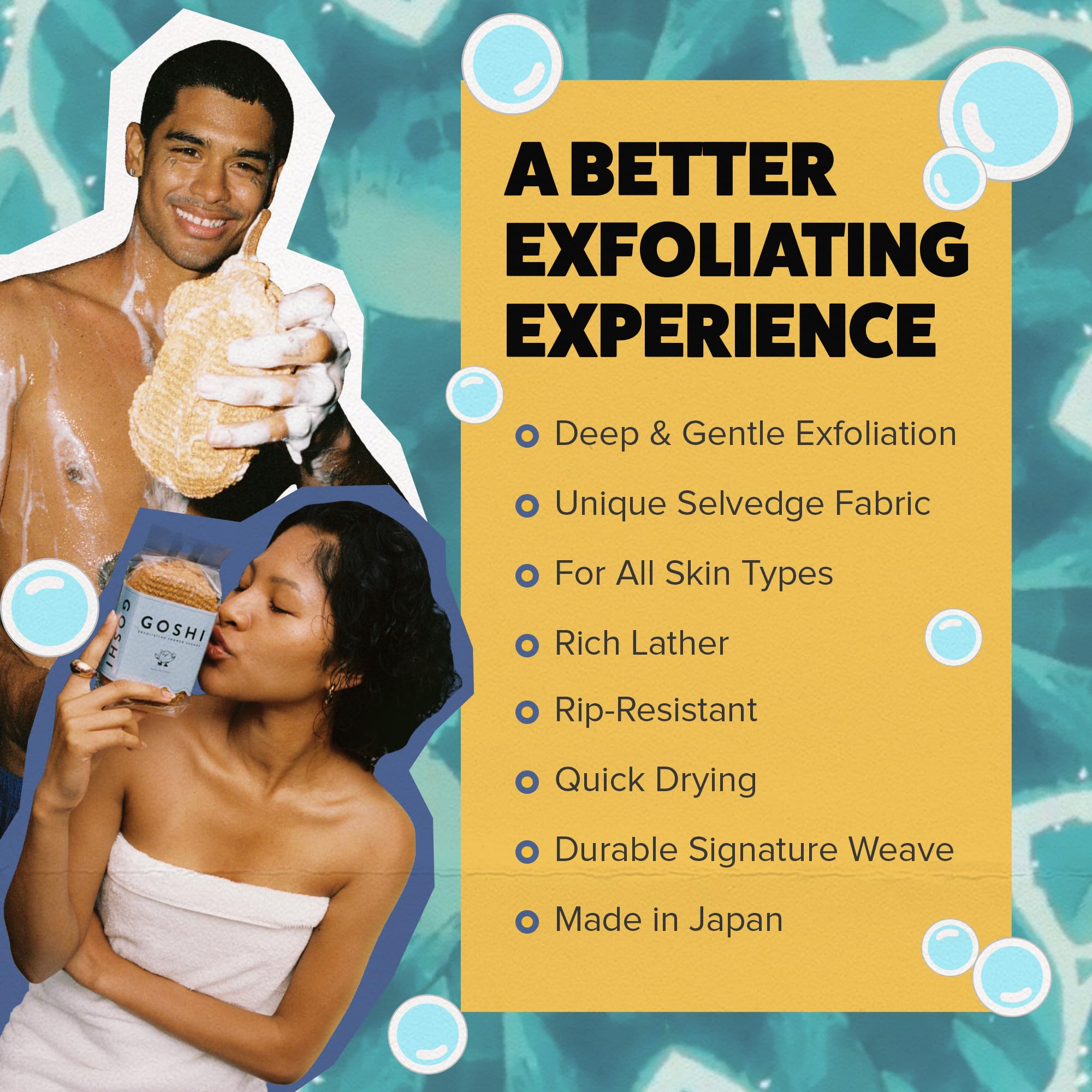 GOSHI Exfoliating Shower Sponge - Rip-Resistant, Rapid-Drying Exfoliating Bath Sponge for All Skin Types - Marigold Yellow - Made in Japan
