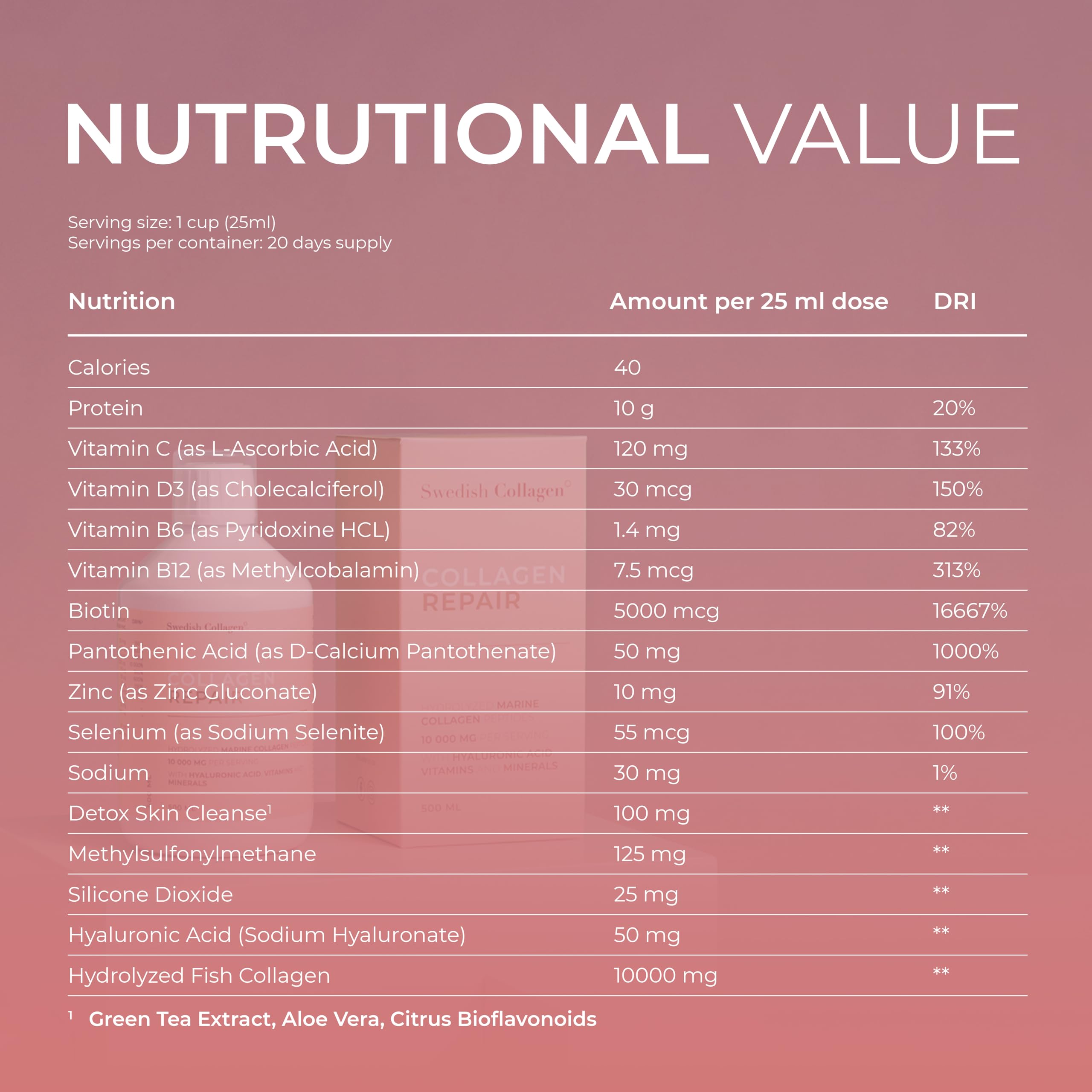 Swedish Collagen Repair | 10,000 mg Hydrolyzed Marine Collagen Liquid Supplement - 500 ml, 20 Day Supply I Hyaluronic Acid, Biotin & Vitamin C for Healthy Hair, Skin, Nails & Joints | Sugar-Free