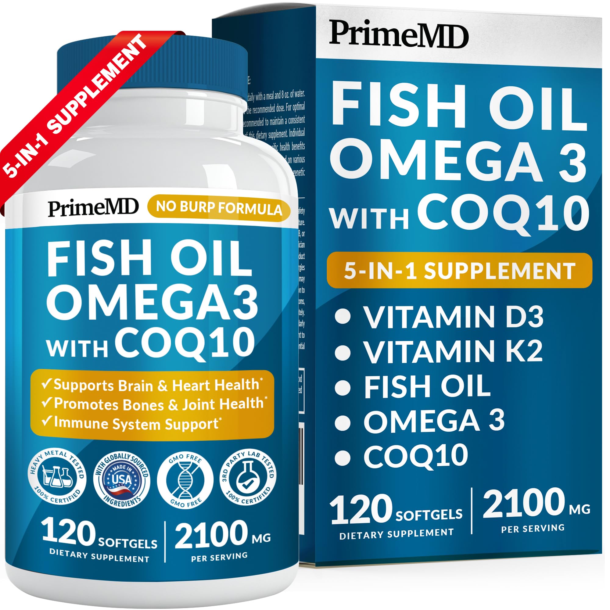 5-in-1 Fish Oil Omega 3 Fatty Supplements (2100mg) - Omega 3 Fish Oil with Vitamins D3 K2 and CoQ10 - Lemon Flavored (120 softgels)