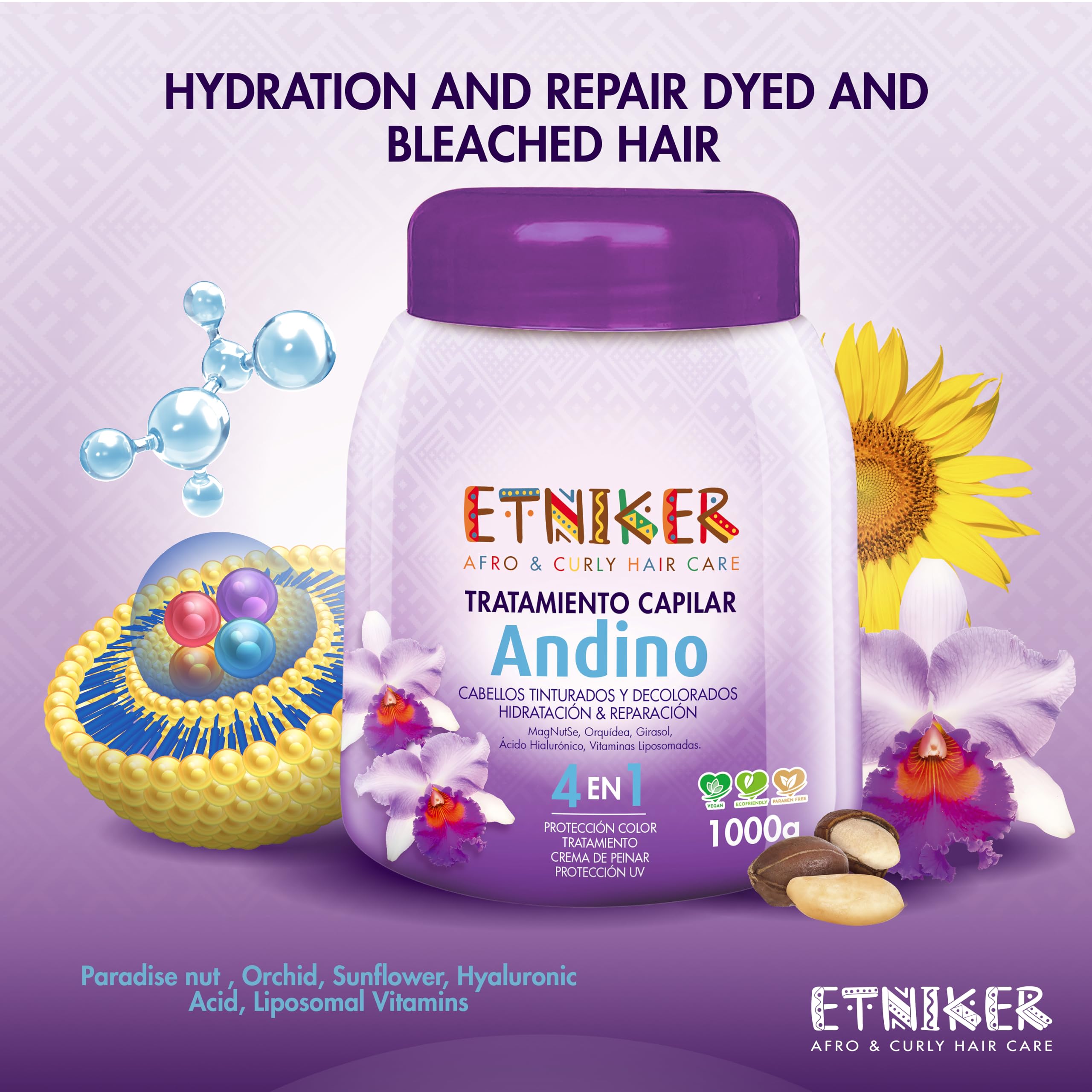 Etniker ANDINO 4-in-1 Treatment for Wavy & Curly Hair. Hydration & Repair for Dyed & Bleached Hair. Hair mask with Hyaluronic Acid, Liposomal Vitamins, Orchid & Sunflower. Frizz & Color Care. 33 oz