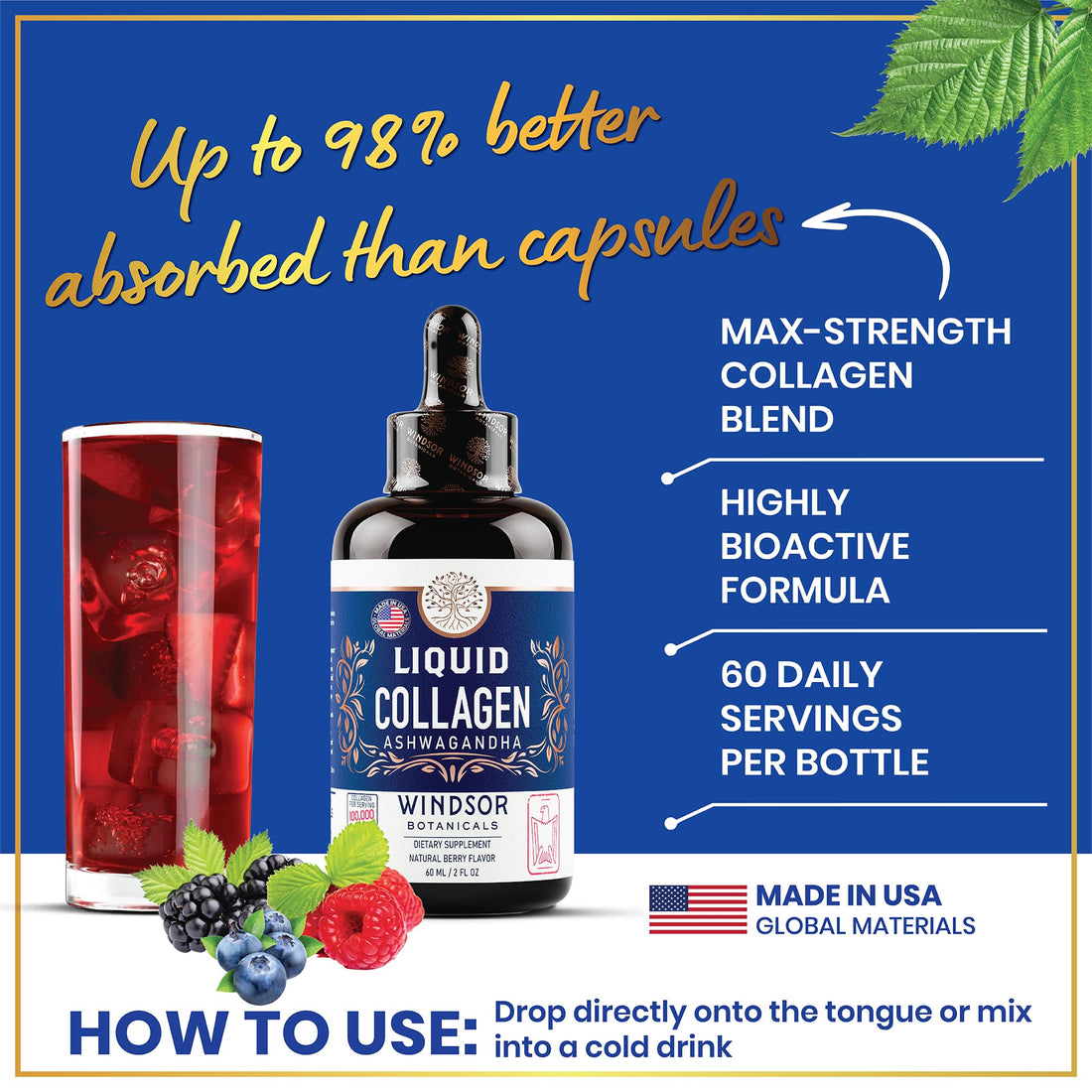 Liquid Collagen for Women with Ashwagandha, Elderberry, L-Theanine - High Absorption 100,000 mcg Hydrolyzed Collagen Peptides Liquid Drops - Hair, Skin, Nails and Nails Support – 60 Servings