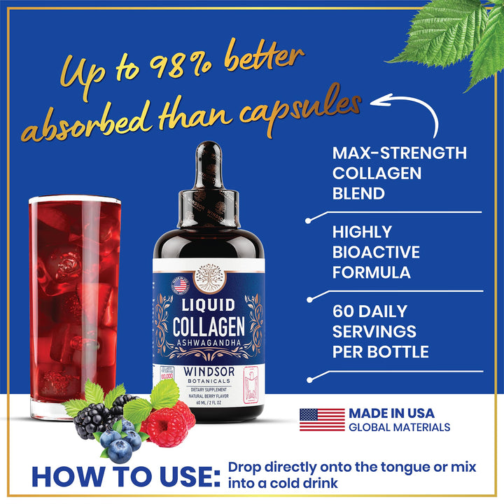 Liquid Collagen for Women with Ashwagandha, Elderberry, L-Theanine - High Absorption 100,000 mcg Hydrolyzed Collagen Peptides Liquid Drops - Hair, Skin, Nails and Nails Support – 60 Servings