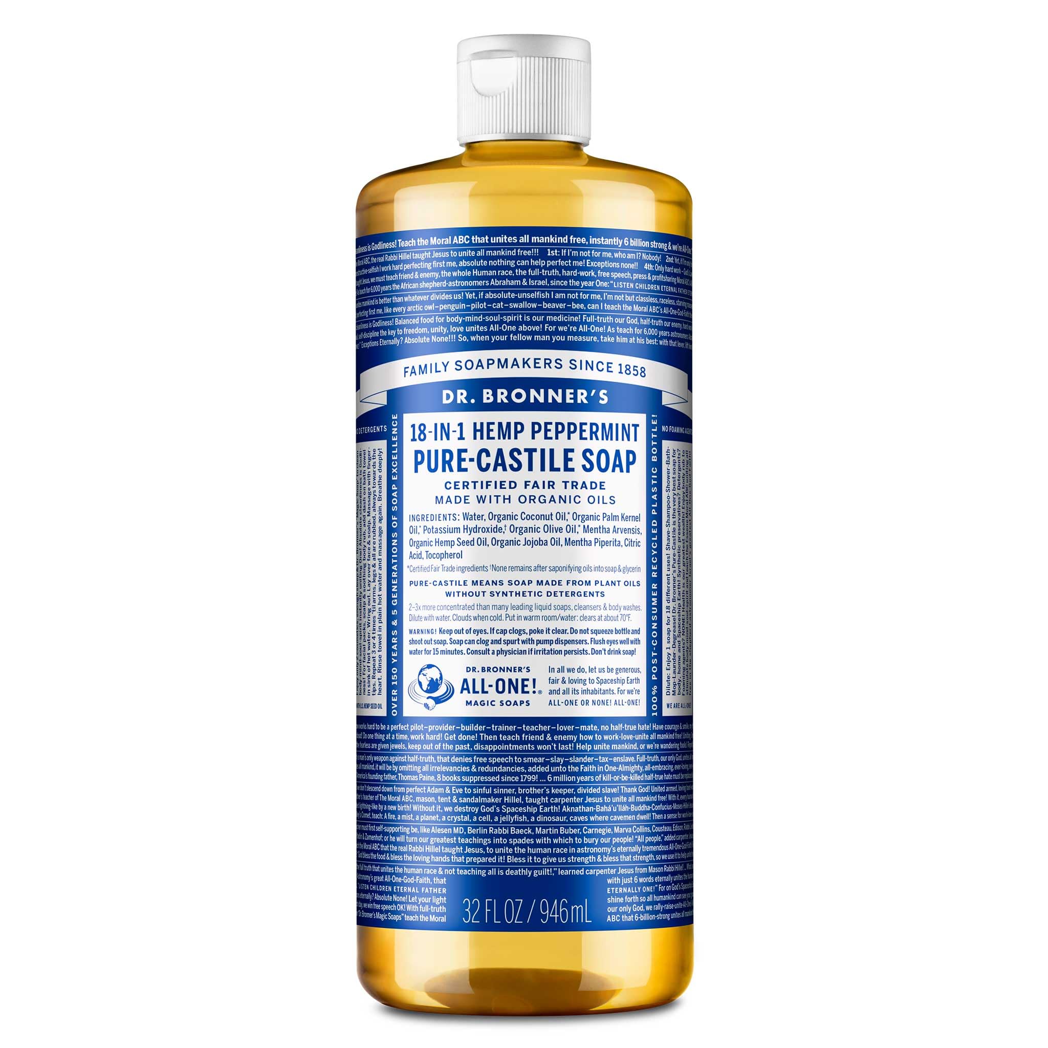Dr. Bronner's Pure-Castile Liquid Soap- Made with Regenerative Organic Certified Oils- 18-in-1 Uses for Face, Body, Hand, Hair, Laundry & More- Vegan, Non-GMO- All Natural Body Wash- Peppermint,32oz