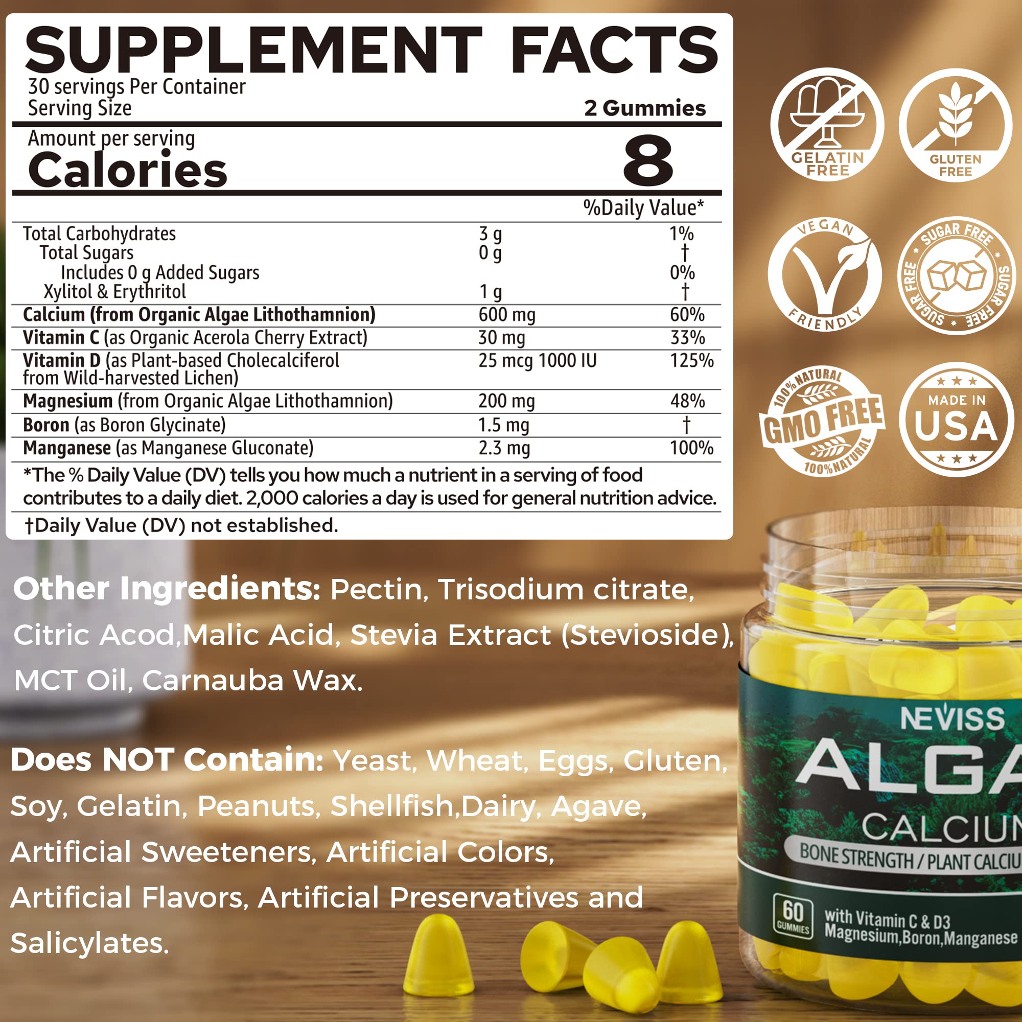 Algae Calcium Gummies 600mg with Vitamin D3, C, Magnesium, Boron, Manganese, Plant-Based Calcium Supplement for Bone Health & Strength, Minerals Complex, Gentle Digestion, Sugar Free, Vegan, 60 Counts