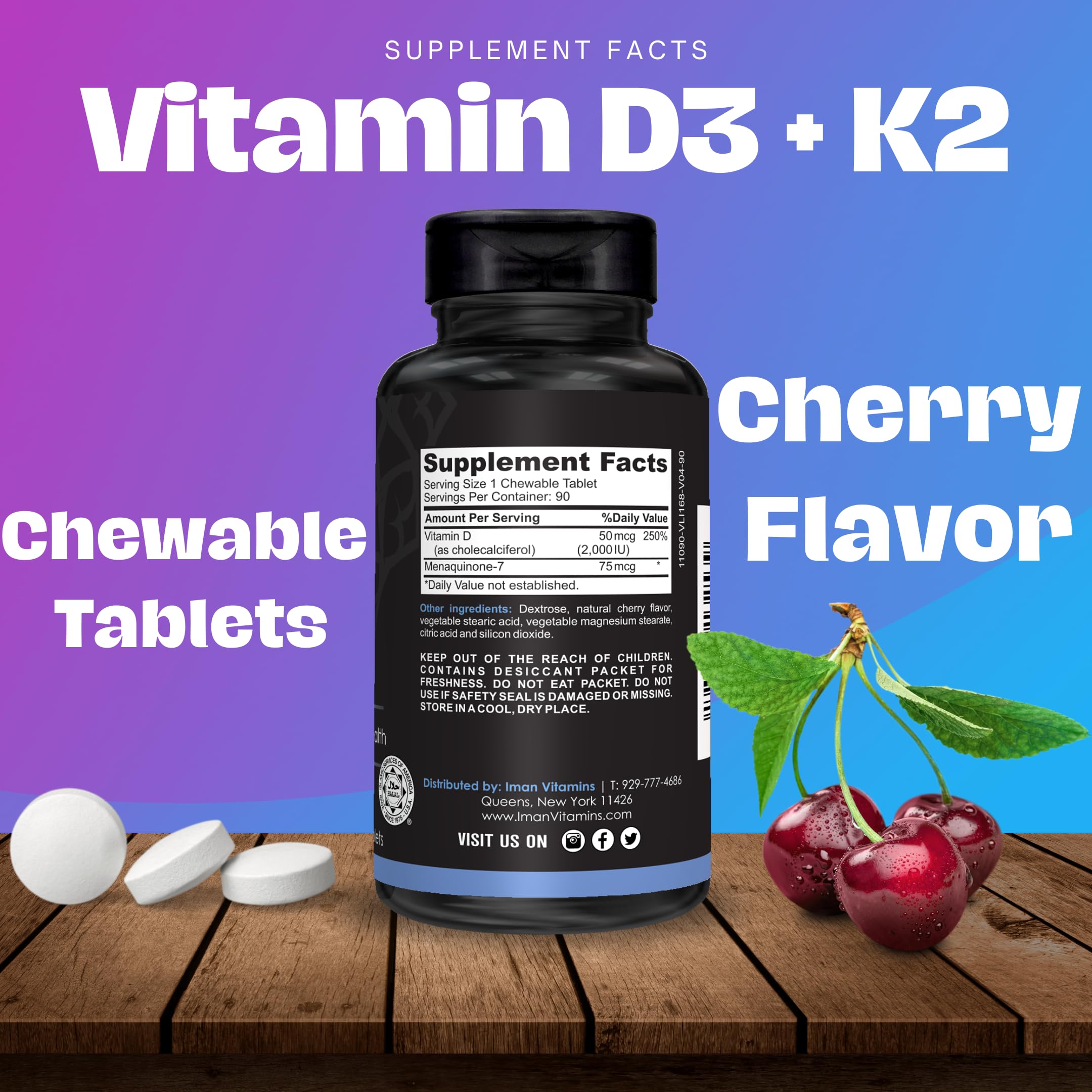 Iman Vitamins Halal Vitamin D3 with K2 Chewable Tablets - Vitamin D 2000 iu + Menaquinone-7 (MK7) | Supports Heart Health, Bones, and Muscles Health | 90 Count for Men and Women
