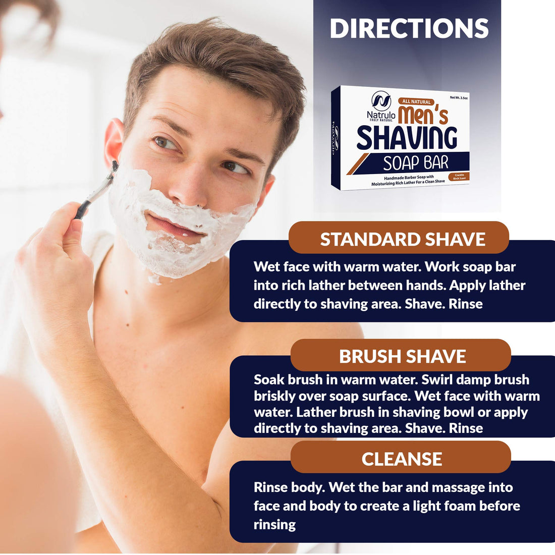 Men's All Natural Shaving Soap Bar - Moisturizing Rich Lather Handmade Barber Soap with Detoxifying Bentonite Clay, Soothing Shea Butter, Exfoliating Colloidal Oats - For Clean Shave, Reduces Redness