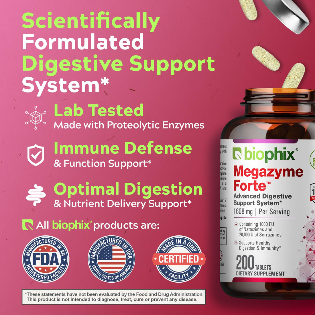 biophix Megazyme Forte 200 Tablets - Natural Plant Proteolytic Enzymes Nattozimes Serrazimes Supports Digestive System Immune Health