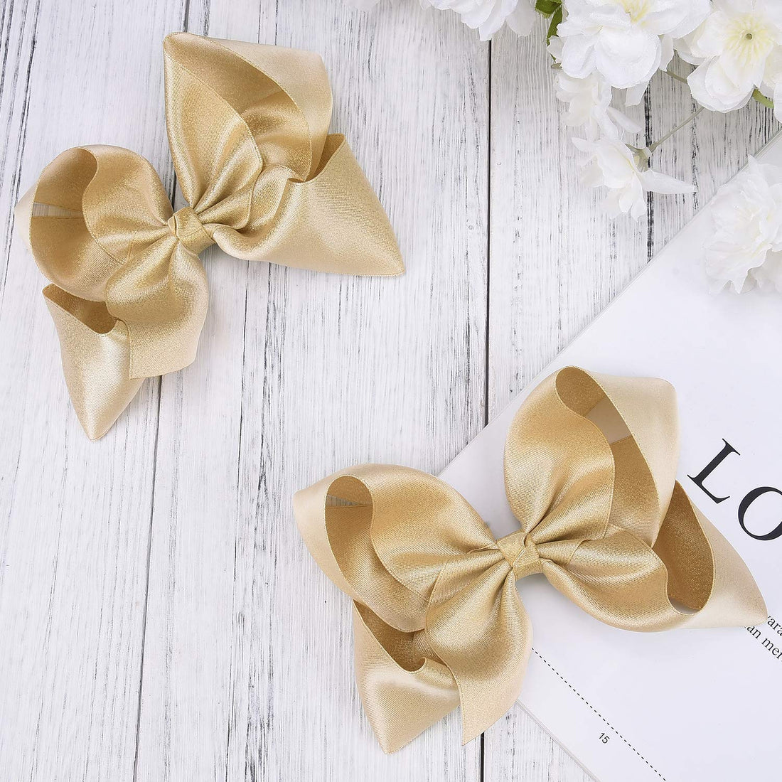DEEKA 2 PCS 6 Big Hand-made Shiny Glitter Ribbon Hair Bows Alligator Clips Hair Accessories for Little Teen Toddler Girls Kids Set of 2 -Light Gold