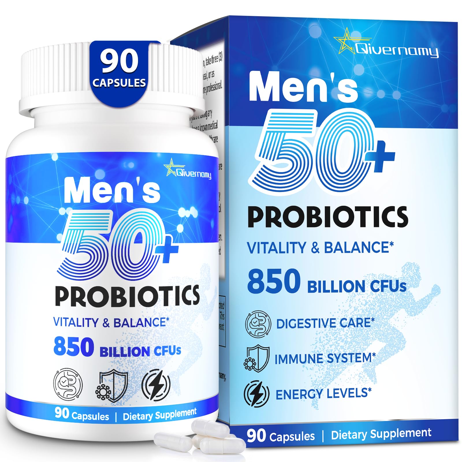 Probiotics for Men, Advanced 50+ Mens Probiotic, Comprehensive Gut & Energy Support with 850 Billion CFU, 1800mg Prebiotics Fiber – Tailored Wellness mens probiotics for gut health over 50, 90 Capsule