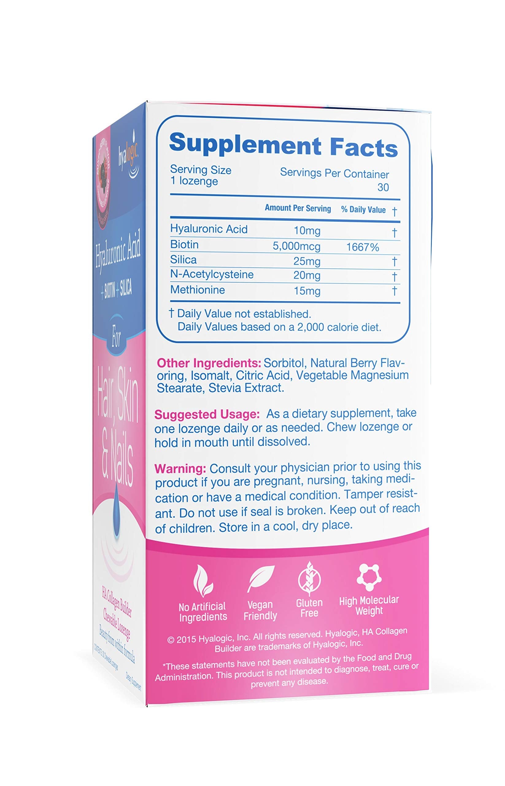 Hyalogic Hair Skin & Nails Hyaluronic Acid Collagen Builder – Delicious Berry Flavored Collagen Boost Chewable Lozenges – Sugar Free Vegan Collagen Ideal to Enhance Your Natural Beauty – 30 Count