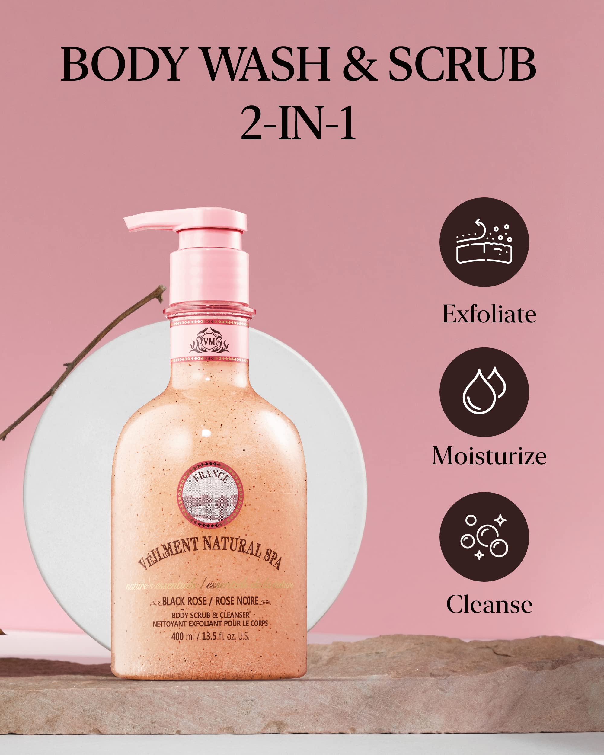 VEILMENT NATURAL SPA 2-in-1 BODY WASH & BODY SCRUB BLACK ROSE(13.53fl.oz) - Natural Exfoliating Salt Scrub for Deep Cleansing - Effective on Scars & Wrinkles - Exfoliate & Moisturize Skin Polishes