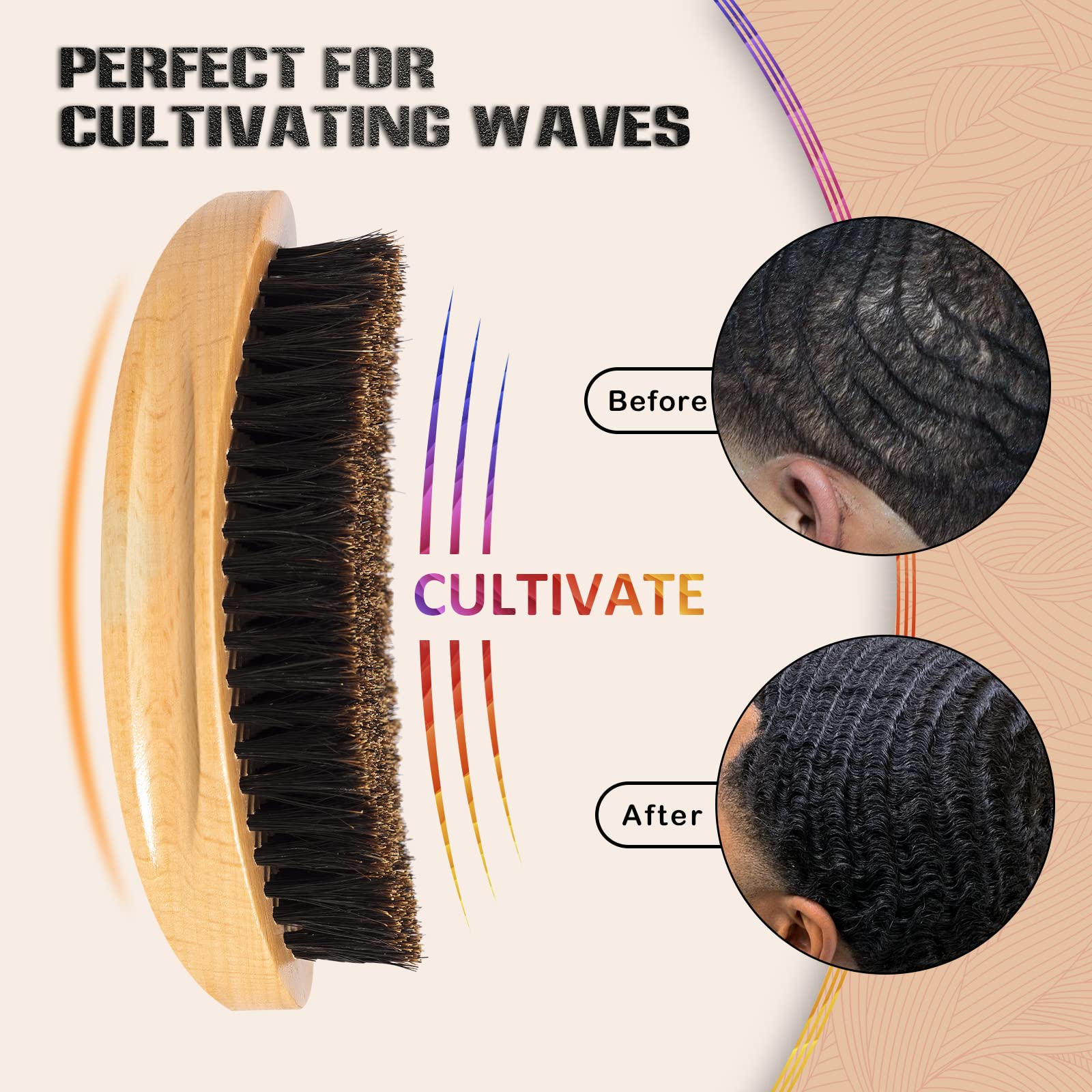 Medium Hard 360 Wave Brush Premium Curved Palm Brush Made with 100% Boar Hair Bristles and Nature Wood Great for 360 Waves and Wolfing