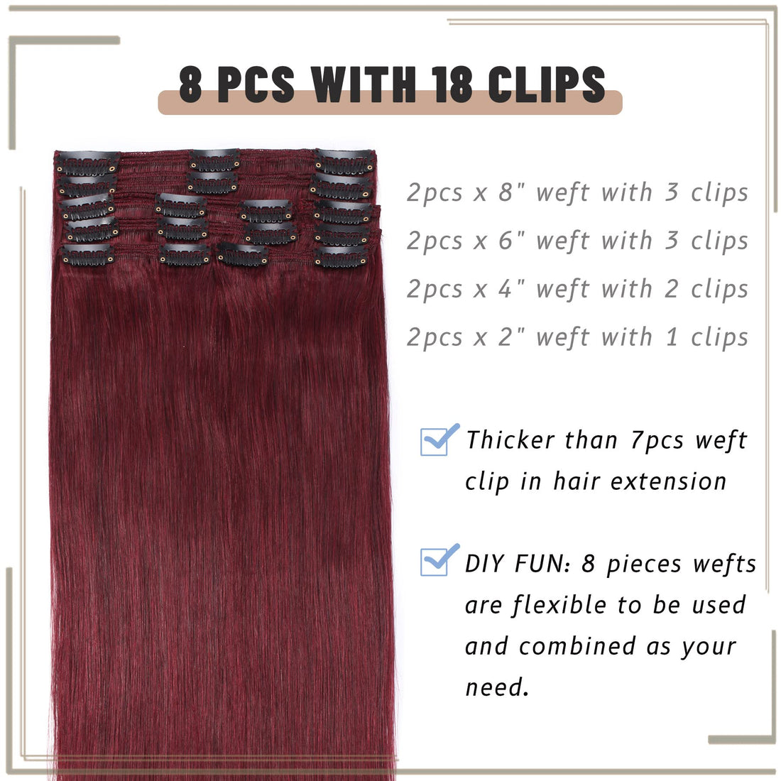 S-noilite Burgundy 100% Remy Human Hair Clip in Extensions Double Weft 16Inch Wine Red Straight Soft Grade 7A Quality 8pcs 18 Clips 130g Thick Full Head Brazilian Hair For Women #99J