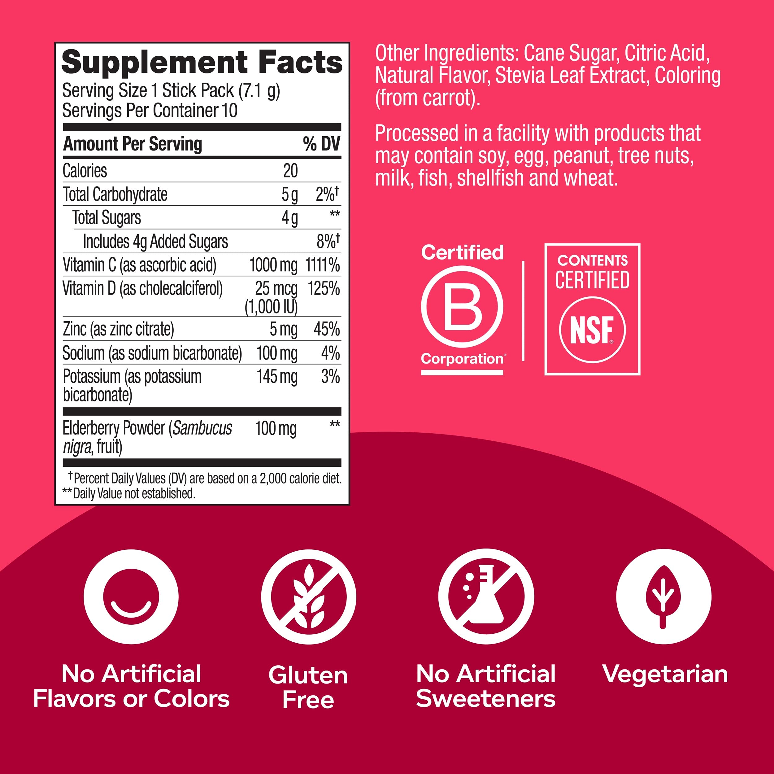 OLLY Immunity Powder, Daytime Immune Support, Elderberry, Vitamin C, D, Zinc, Fizzy Drink Mix, Berry Yuzu Lemonade - 10 Count