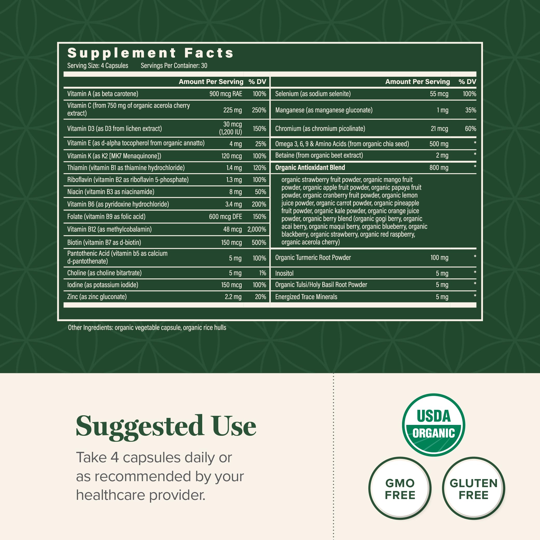 Global Healing Center - USDA Organic Multivitamin for Women & Men - Vitamins Include A, C, D, & More for Your Overall Health & Wellness Needs - Complete Daily Multi Vitamin Nourishment (120 Capsules)
