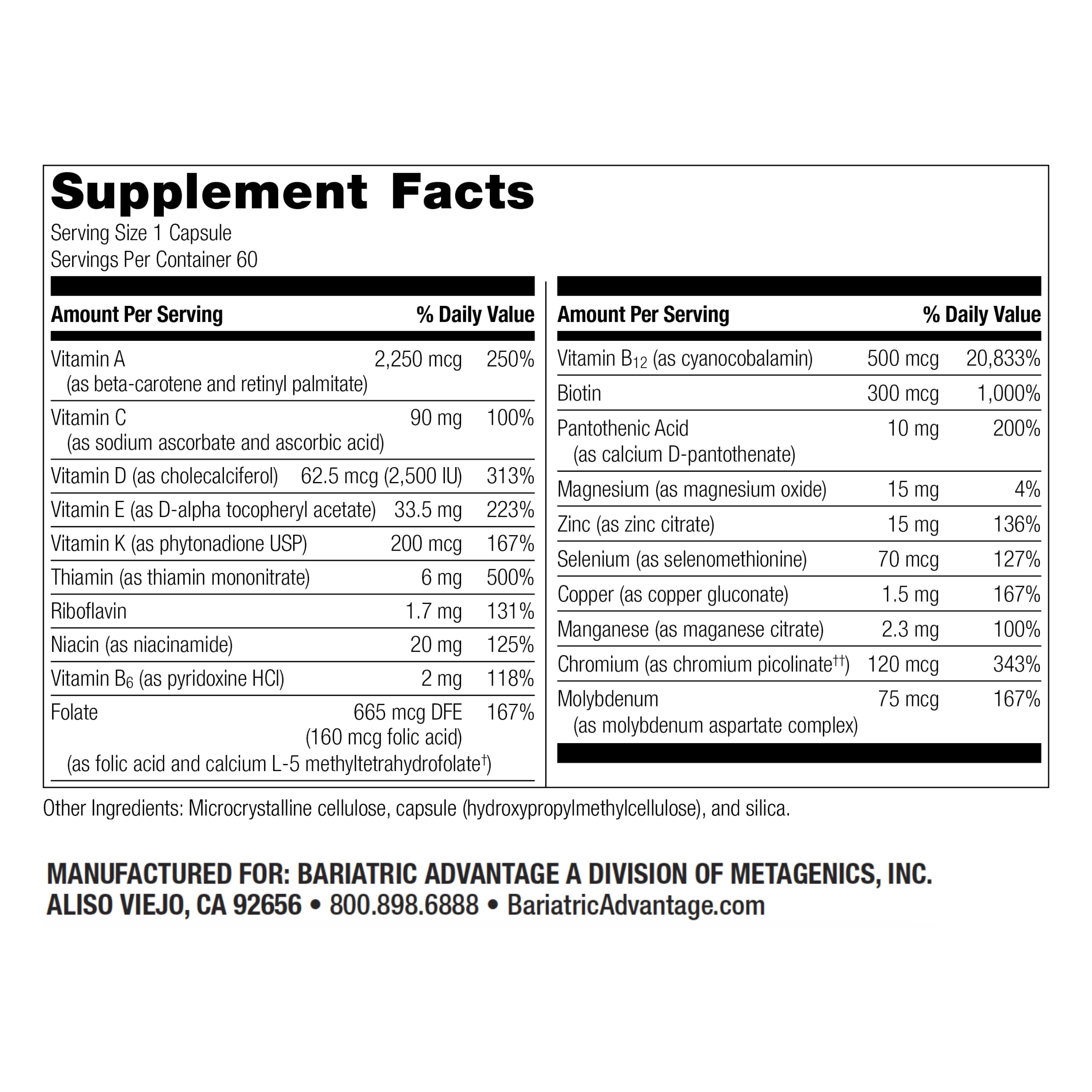 Bariatric Advantage High ADEK Multi - for Bariatric Surgery Patients - Multivitamin with Vitamins A, D, E, K & Trace Minerals - 100%+ DV of ADEK - 60 Capsules