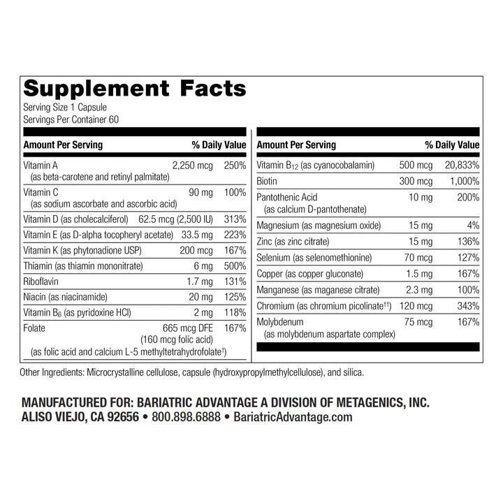 Bariatric Advantage High ADEK Multi - for Bariatric Surgery Patients - Multivitamin with Vitamins A, D, E, K & Trace Minerals - 100%+ DV of ADEK - 60 Capsules