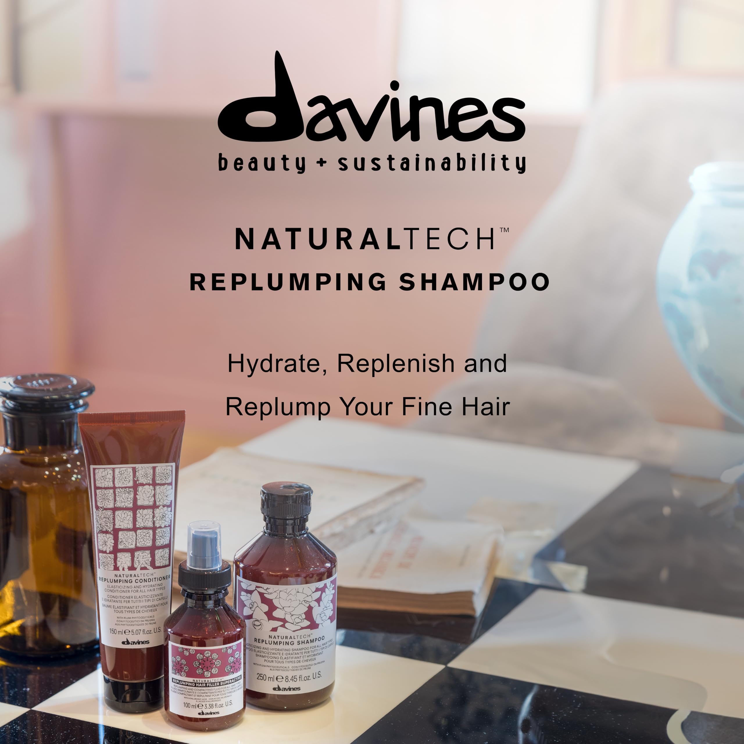 Davines Naturaltech REPLUMPING Shampoo, Gentle Cleasning To Add Hydration, Elasticity And Protection, Add Fullness, 8.45 fl. oz.