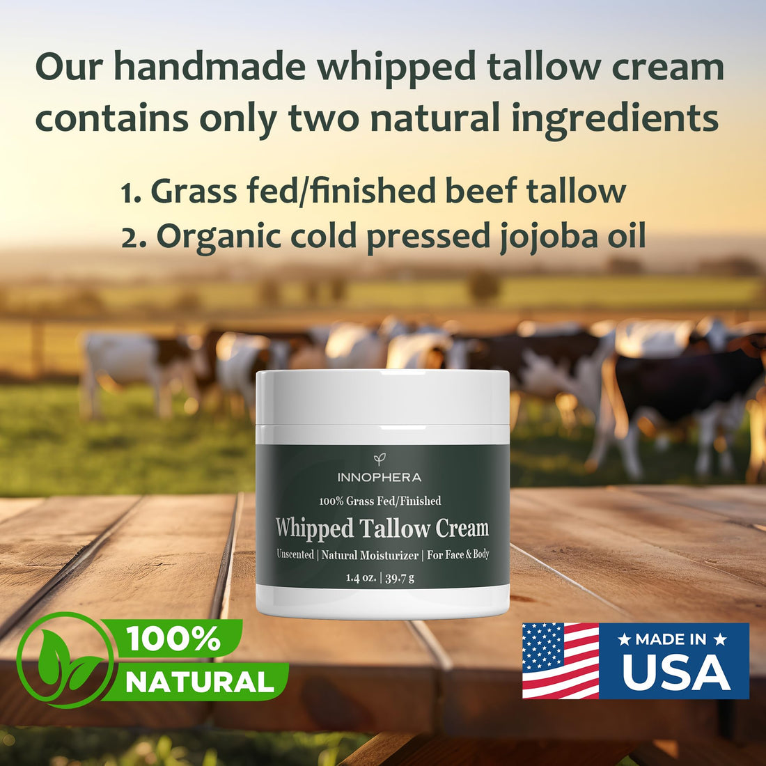 Innophera Whipped Beef Tallow Cream for Skin Care  Grass Fed & Grass Finished  100% Natural Moisturizer for Sensitive Skin  Handmade Face & Body Lotion  Unscented & Odorless  1.4 oz.
