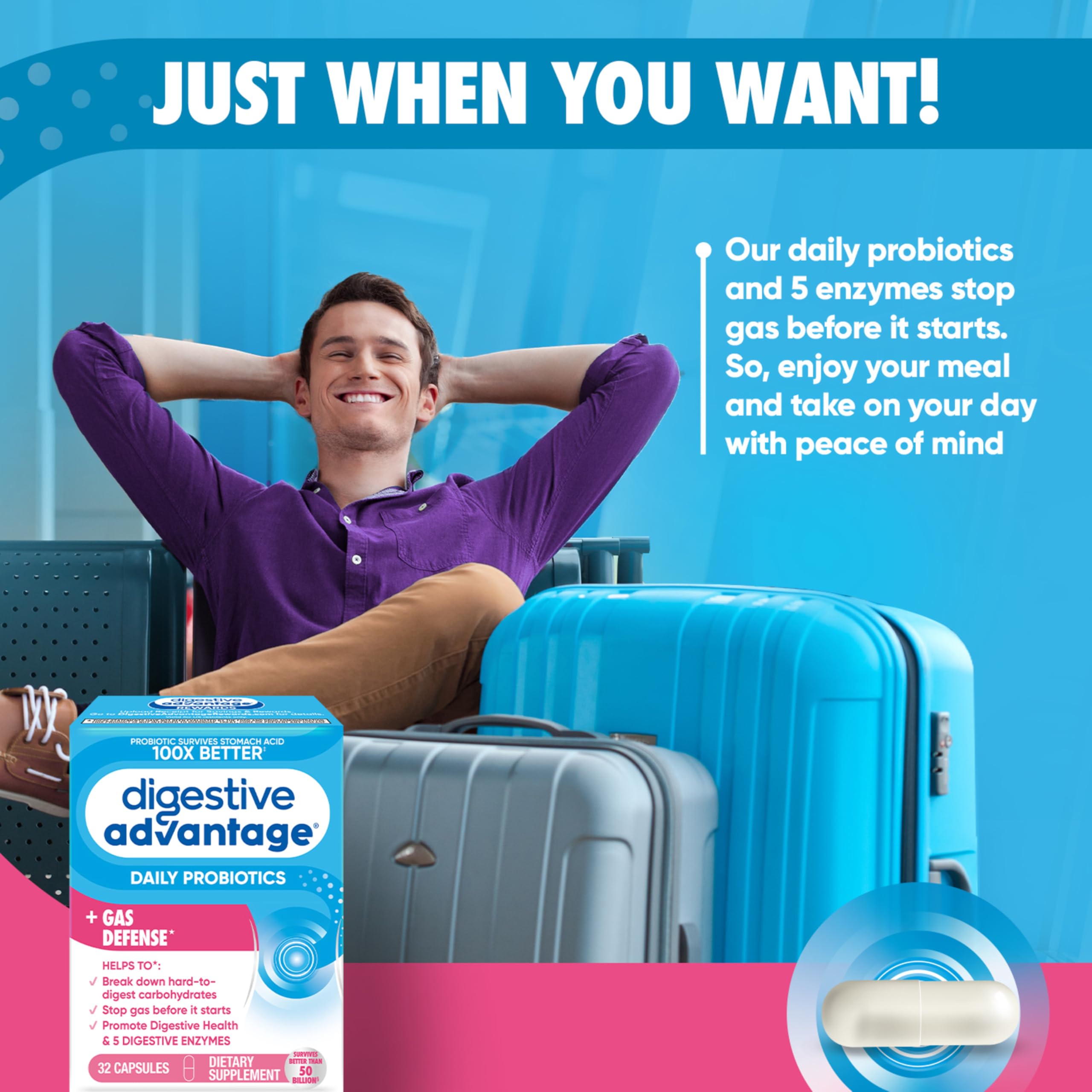 Digestive Advantage Gas Defense, Daily Probiotics for Women & Men Digestive Health with 5 Digestive Enzymes, Supports Gut Health & Stops Gas Before Start, with Immune Support, 32 Capsules