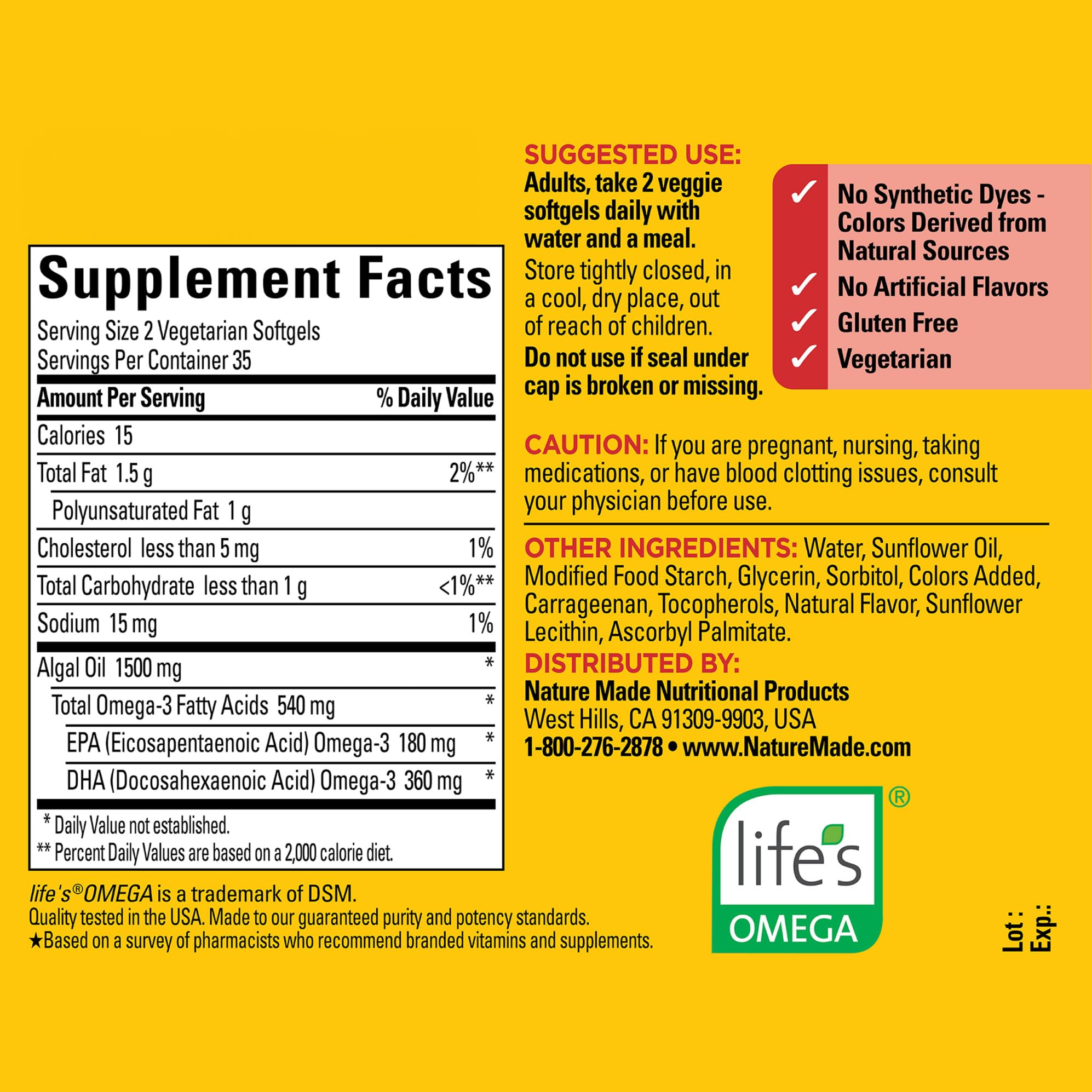 Nature Made Algae 540 mg Omega 3 Supplement, Alternative to Omega 3 Fish Oil Supplements, 70 Veggie Softgels, Sustainable, Plant-Based, for Healthy Heart, Brain, and Eye Support