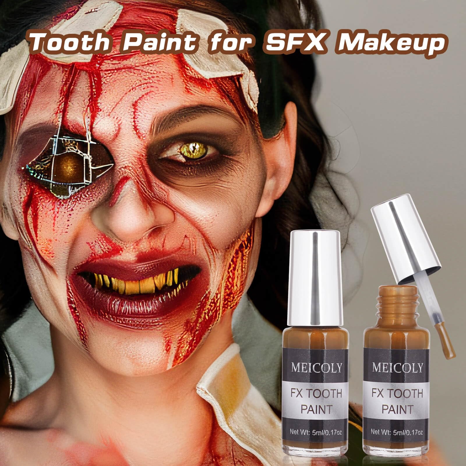MEICOLY Nicotine Tooth Paint, Rotten Decayed Cruddy Missing Teeth Makeup, Professional Cosplay, Temporary Paint for Halloween SFX Special Effects, Dry Fast, Safe for Mouth, Long Lasting
