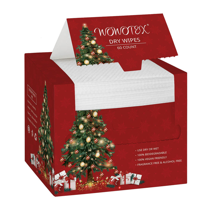 Christmas Style WOWOTEX Disposable Face Towel Biodegradable Large Dry Wipes 60 Count/Box Extra Thick Soft Clean Facial Towels for Sensitive Skin, Makeup Removing, Cleansing, Nursing, 10×12