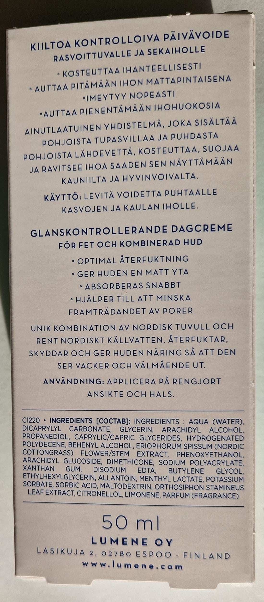 Lumene Klassikko [CLASSICS] Shine Controlling Day Cream for Oily and Combination Skin 50 ml / 1.7 Fl.Oz.