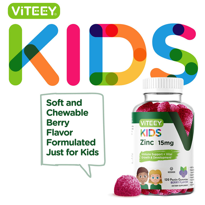 Zinc for Kids Gummies 15mg - Immune Support for Kids & Teens - Powerful Natural Antioxidant, Kids Zinc Vitamin Supplement - Vegan, Gelatin Free, Gluten Free - Tasty Chewable Berry Flavor Gummy